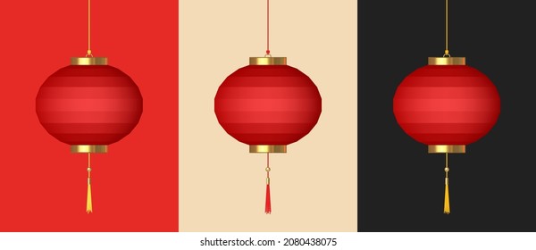 Red hanging lantern with horizontal circles. Traditional Asian decor. Decorations for the Chinese New Year. Festival of Chinese Lanterns. For postcards, banners, websites. Realistic 3D vector object