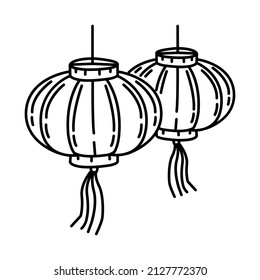 Red Hanging Lantern Part of Chinese New Year Accessories and Symbols Hand Drawn Icon Set Vector.