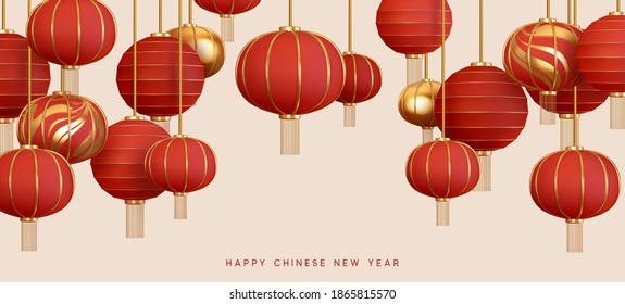 Red hanging lantern Traditional Asian decor. Decorations for the Chinese New Year. Chinese lantern festival. Realistic 3d design vector illustration