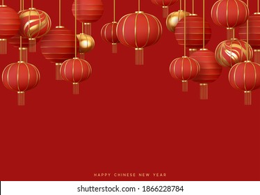 Red hanging lantern Traditional Asian decor. Decorations for the Chinese New Year. Chinese lantern festival. Realistic 3d design vector illustration