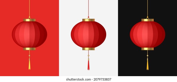 Red hanging lantern. Traditional Asian decor. Decorations for the Chinese New Year. Festival of Chinese Lanterns. Isolation on red, white, black. For postcards, banners, websites. Realistic 3D vector