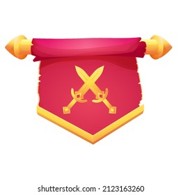 Red hanging medieval banner flag with cloth texture, golden decoration and swords in cartoon style isolated on white background. Ui game asset, heraldic design element,