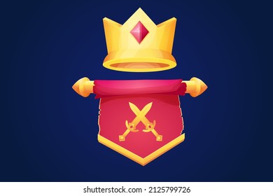 Red hanging medieval banner flag with cloth texture and golden decoration, sword emblem and crown in cartoon style isolated on background. Ui game asset, heraldic design element,