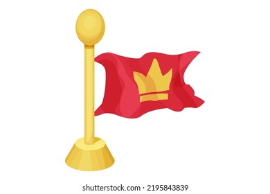 Red hanging medieval flag with golden crown in cartoon style isolated on background. Ui game asset, heraldic design element,
