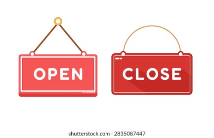Red hanging open and closed signs for retail shop doors, cafe windows, and business entrances in flat vector illustration style.