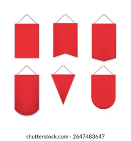 Red hanging pennants and ribbons with rods, perfect for awards, achievements, or decoration. Vector set of red fabric signs or flags with different styles and forms.
