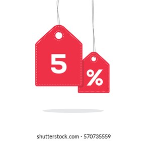 Red hanging price tag labels with 5% text on them and with shadow isolated on white background.