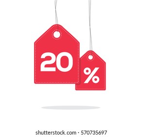 Red hanging price tag labels with 20% text on them and with shadow isolated on white background.