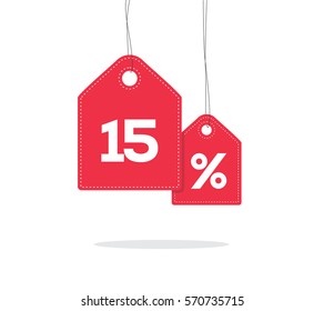 Red hanging price tag labels with 15% text on them and with shadow isolated on white background.