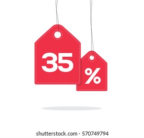 Red hanging price tag labels with 35% text on them and with shadow isolated on white background.