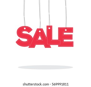 Red hanging sale word like a label tag with shadow isolated on white background, for sale campaigns. 