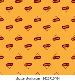 Red Hanging sign with text Close icon isolated seamless pattern on brown background. Business theme for cafe or restaurant. Vector Illustration