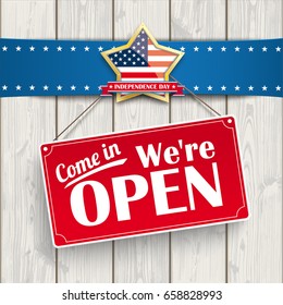 Red hanging sign with text "Come in, we're open".  Eps 10 vector file.