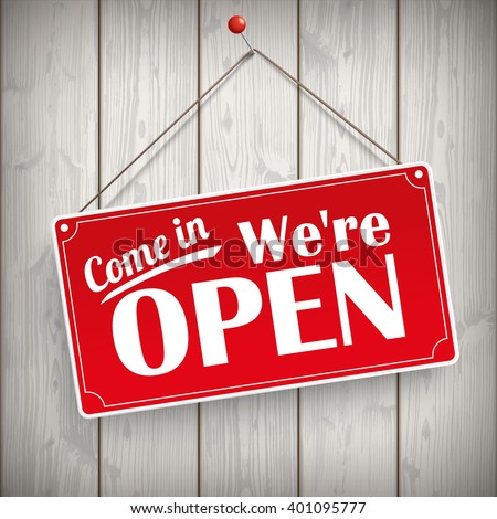 Red hanging sign with text "Come in, we're open".  Eps 10 vector file.
