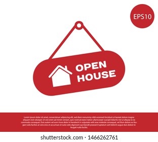 Red Hanging sign with text Open house icon isolated on white background. Signboard with text Open house.  Vector Illustration
