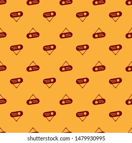 Red Hanging sign with text Open house icon isolated seamless pattern on brown background. Signboard with text Open house.  Vector Illustration