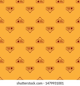 Red Hanging sign with text Open house icon isolated seamless pattern on brown background. Signboard with text Open house.  Vector Illustration