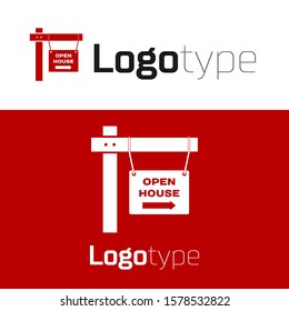 Red Hanging sign with text Open house icon isolated on white background. Signboard with text Open house. Logo design template element. Vector Illustration