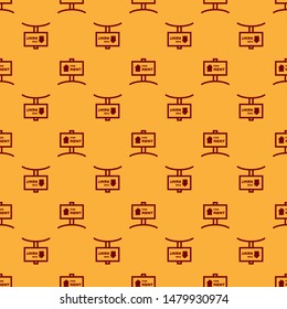 Red Hanging sign with text For Rent icon isolated seamless pattern on brown background. Signboard with text For Rent.  Vector Illustration