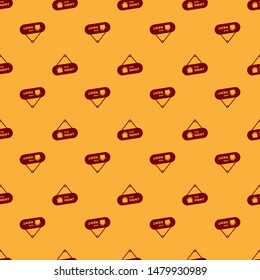 Red Hanging sign with text For Rent icon isolated seamless pattern on brown background. Signboard with text For Rent.  Vector Illustration