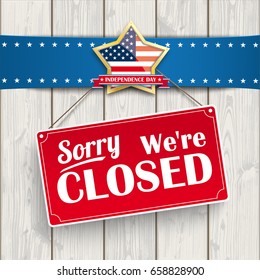 Red hanging sign with text "sorry, we're closed".  Eps 10 vector file.