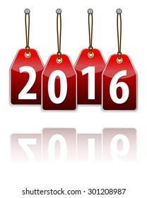Red hanging tags with the 2016 year digits and transparent reflection. Vector illustration