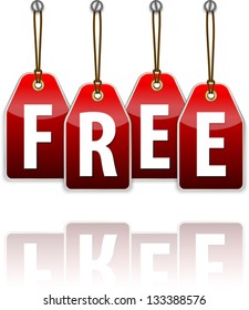 Red hanging tags with the Free word. Vector illustration