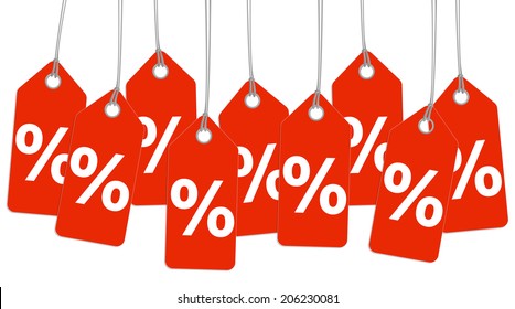 red hangtags with % sign