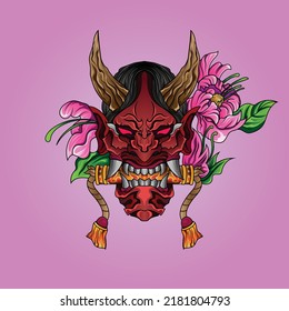 Red hannya mask and horns on his head with japanese style culture illustration