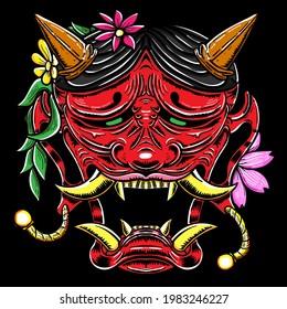 Red hanya mask hand drawn with flower with black background great for tattoo