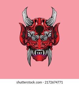 Red Hanya Mask illustration scary japanese demon mask isolated background