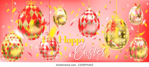 Red Happy Easter banner with golden eggs and confetti