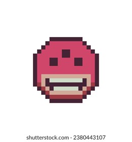 Red happy face with big smile and three eyes pixel art icon. Cartoon giggles character smiling emoticon. Flat style. 8-bit style. Isolated abstract vector illustration.