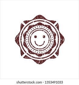 Red happy face icon inside distressed rubber texture