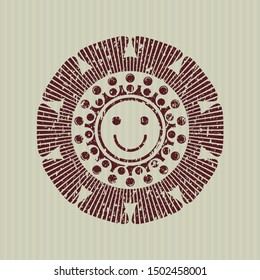 Red happy face icon inside distressed grunge stamp