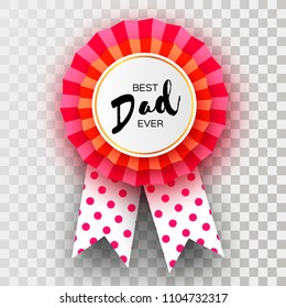 Red Happy Fathers day greetings card. Best Dad Ever Badge award in paper cut style. Origami Layered medal. Polka dot ribbon. Circle frame for text.