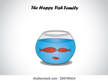 red happy fish family in glass aquarium bowl concept design art. a transparent fishbowl with red dark smiling aquatic fishes swimming in happiness in fresh blue water - illustration art
