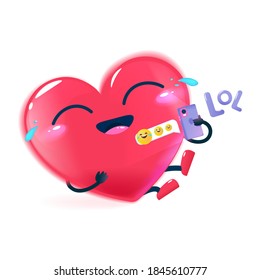 Red happy heart character. Cute face with big eyes and hand and legs. Vector cartoon illustration for kids