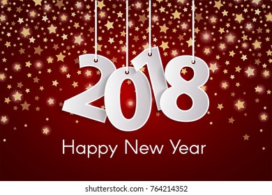 Red Happy New Year 2018 greeting card concept with paper cuted white numbers on golden star fall background. Vector illustration