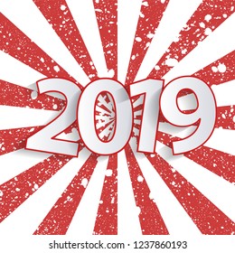 Red Happy New Year 2019 vintage greeting card concept with paper cuted white numbers. Vector illustration