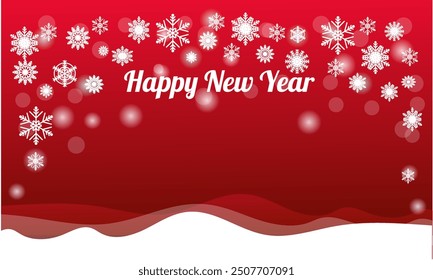  red happy new year card red  , snow christmas landscape, text white, snowflakes ornament tradional