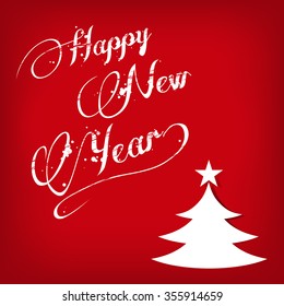 Red happy new year card with christmas tree