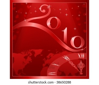 Red 'Happy New Year and Merry Christmas 2010' card with clock at 5 minutes to 12. Use of global colors, blends, linear gradients.