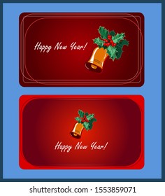 Red Happy New Year vector greeting card postcard with holly and bell 