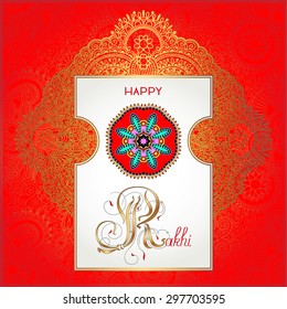 red Happy Rakhi greeting card for indian holiday Raksha Bandhan with original ornamental bangle on floral light background, vector illustration