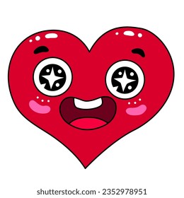 Red happy smiling heart sticker. Vector illustration in flat cartoon style. y2k emoticon isolated on white background