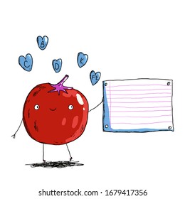 red and happy tomato with notebook and blue hearts