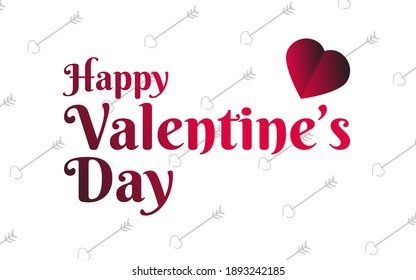 Red Happy Valentine's day text and heart vector on white isolated background. Vector illustration. Romantic postcard. Love arrow on background