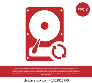 Red Hard disk drive (HDD) sync refresh icon isolated on white background. Vector Illustration