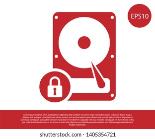 Red Hard disk drive and lock icon isolated on white background. HHD and padlock. Security, safety, protection concept. Vector Illustration
